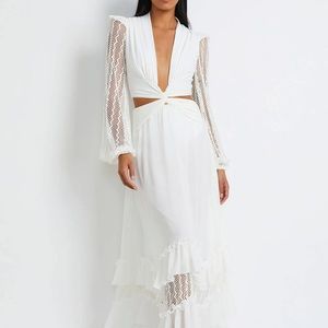White PatBO Plunge Lace Sleeve Maxi Dress - XS